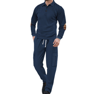 2026 traje de ropa de trabajo deportiva Vintage para hombre, informal, transfronterizo, de dos piezas, cuello vuelto, manga larga, Color sólido, transpirable, suelto - Product Image 5