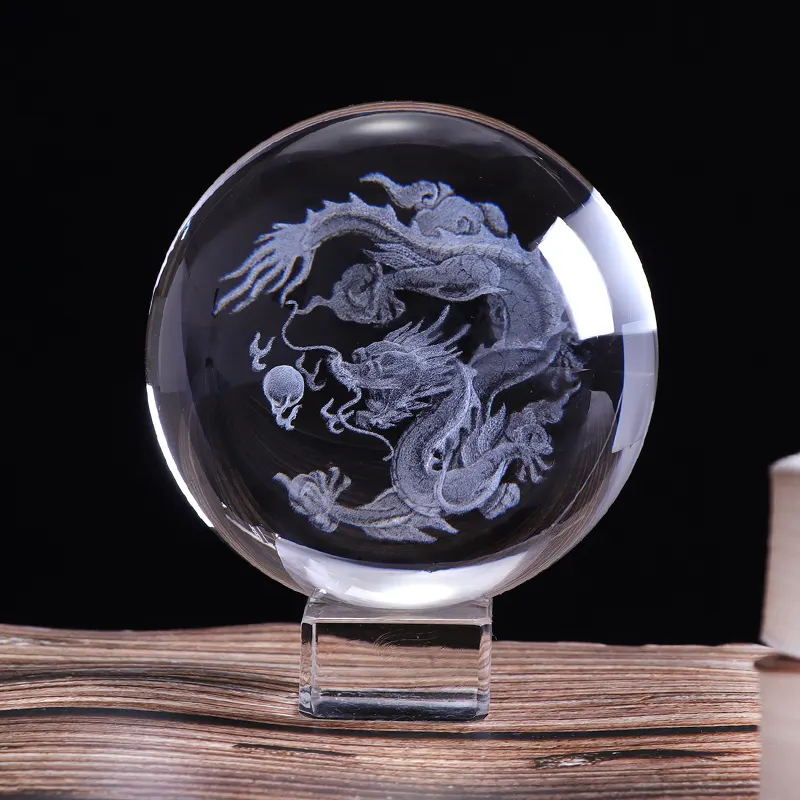 Neue Miniatur Figur Kugel Kugel Laser gravierte Kristall Craft Globe mit Basis Home Decoration 6 cm 8cm 3D Kristall kugel mit Drachen