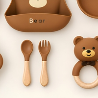 Ensemble d'alimentation pour bébé en silicone Ours brun, thème animal, assiette, bol, tasse, cuillère, fourchette, anneau de dentition pour les repas