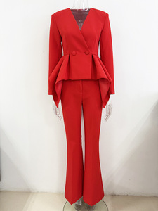 2025 Designer Inspired Solid Pattern Ensemble for Women Red Ruffled BlazerJacket <b>Set</b> with Flared Pants Office Lady Style - Product Image 2