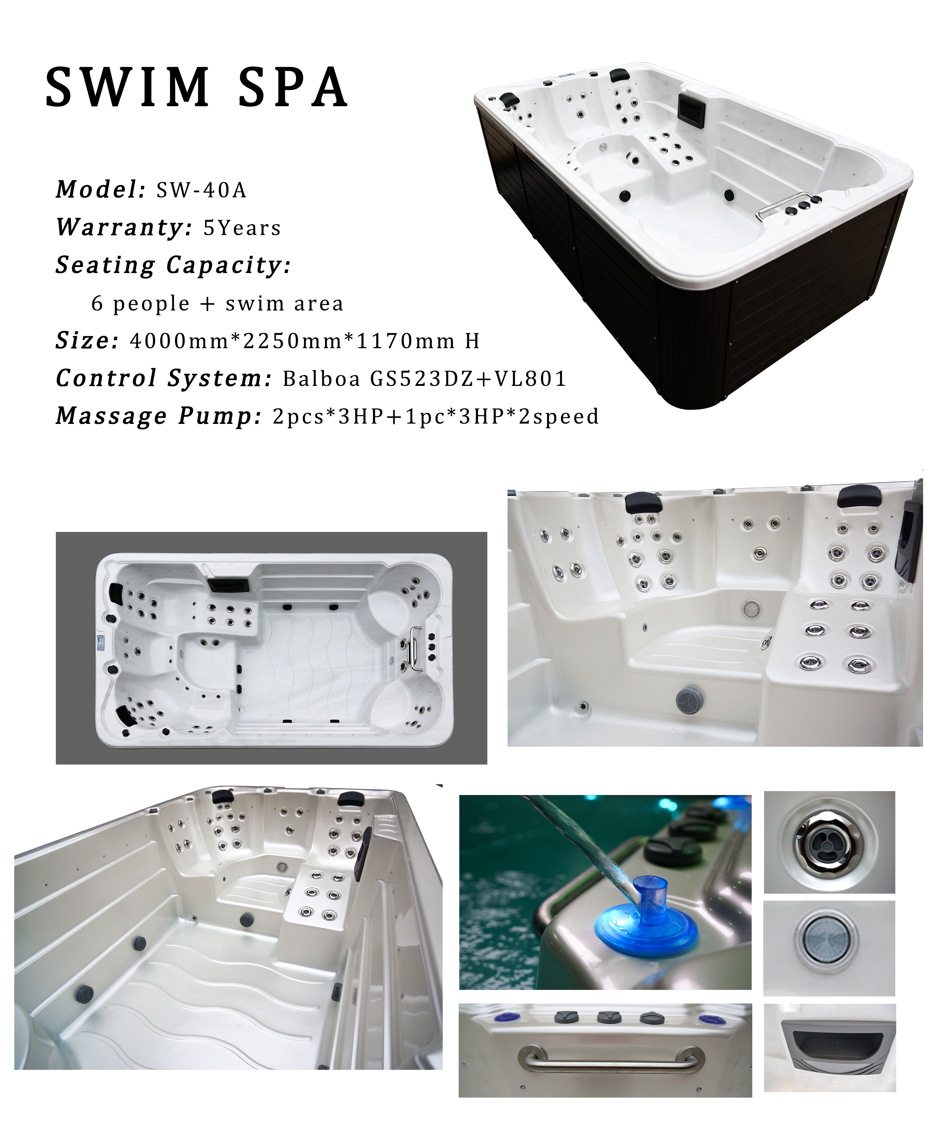 4 Meters Acrylic White Endless Swimming Spa Pool Combo Hot Tub With 6 Seats