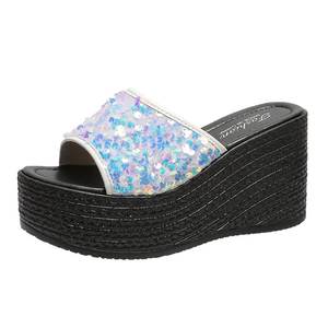 Mules compensées noires à paillettes pour femme, nouvelle collection automne, style élégant, à semelle épaisse en mousse, à bride unique - Product Image 2