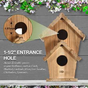 Maison d'oiseau en bois à 2 trous Chambre pour 2 familles d'oiseaux Bluebird Finch Cardinals Nichoir suspendu - Product Image 4
