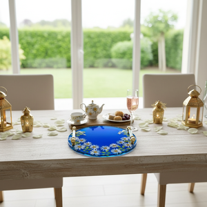 Blue Wood Luxury Decorative <b>Tray</b> Home Decor Food Surf <b>Round</b> Lightweight Wedding Ramadan Diwali Gift Modern Design - Product Image 3