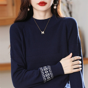 Women's Navy <b>Blue</b> Long Sleeve Knit Sweater With Snowflake Pattern Medium Thickness <b>Base</b> <b>Layer</b> For Autumn Spring Wear - Product Image 1