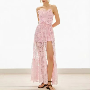 Vestido maxi casual <span class=keywords><strong>rosa</strong></span> A-Line A11494 con encaje, sin tirantes, sin espalda, <span class=keywords><strong>de</strong></span> punto, con patrón plano y lentejuelas, modelo <span class=keywords><strong>de</strong></span> imagen. - Product Image 1
