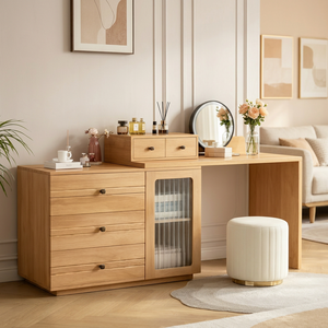 Scandinavian Solid Birch Makeup Vanity With <b>Storage</b> Cabinet And Mirror <b>For</b> Bedroom - Product Image 1