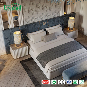Lit King Size <span class=keywords><strong>de</strong></span> Luxe Moderne en Velours Bleu avec Cadre en Chêne, Tête <span class=keywords><strong>de</strong></span> Lit Géométrique, Ensemble Complet pour Chambre, Banc, Table <span class=keywords><strong>de</strong></span> Chevet, Villa, Hôtel, Mansion - Product Image 3