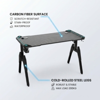 Bureau de jeu en gros avec surface en fibre de carbone RGB, cadre métallique en forme de T, table de jeu avec porte-gobelet pour la maison et le bureau