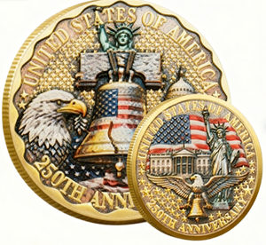 Amerikaanse herdenkingsmunt voor het 250-jarig jubileum, ontwerp met gouden Amerikaanse vlag en vrijheidsbel, Custom Metal 2026. - Product Image 3