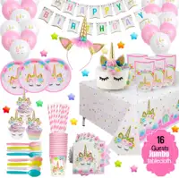 Suministros de decoraciones para fiesta de unicornio rosa, platos de vajilla, cartel de feliz cumpleaños, globos de fiesta