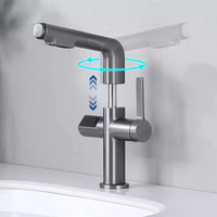Robinet de cuisine et de salle de bain gris à tirette avec affichage numérique LED, rotatif à 360 degrés, mitigeur pour lavabo