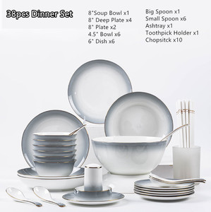 Service de table en céramique dorée Europe, vaisselle de luxe en porcelaine fine, bols à soupe et assiettes grises - Product Image 3