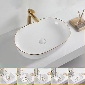 Lavabo redondo personalizado <span class=keywords><strong>pequeño</strong></span> de cerámica blanca brillante, lavabo de encimera, lavabos de baño <span class=keywords><strong>con</strong></span> línea dorada, barato - Product Image 2