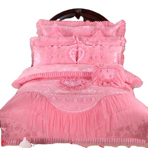 Korean Style Lace Princess Embroidered Pink Red Wedding <strong>Bed</strong> Spreads With <strong>Bolsters</strong> Flower Curtain Bedding Set - Product Image 1