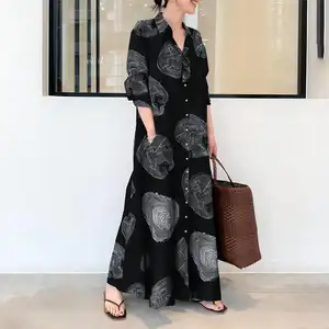 Groothandel Plus Size Katoenen Linnen Bedrukte Lange Mouw Eenvoudige Losse Casual Lange Shirt Vrouwen Moslim Jurken Abaya