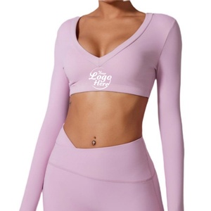 Haut de yoga personnalisé grande taille sexy dos nu col en V pour femme, respirant, séchage rapide, léger, couleur unie, manches courtes, coupe courte fitness - Product Image 1