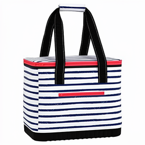 Striped Insulated Cooler Bag With Red Trim And Black Handles For Picnic Use - Product Image 1