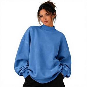 Sudadera de Cuello Alto para Mujer, Talla Grande, Color Azul Sólido, Mangas Regulares, Tejido de Felpa, Calidad Premium, para Otoño e Invierno - Product Image 1