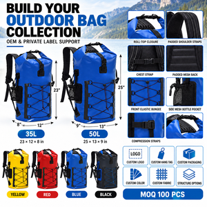 Sac à dos étanche personnalisé OEM 35L 50L avec fermeture roll-top, bretelles rembourrées, poche avant élastique et poche pour bouteille, idéal pour <span class=keywords><strong>la</strong></span> randonnée, le camping et les sports nautiques - Product Image 5