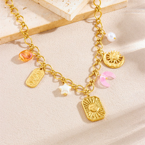 Sun And Moon Themed Stainless Steel Gold Plated Necklace With Star Pendant Clavicle Chain Fashion Jewelry Accessory - Product Image 2