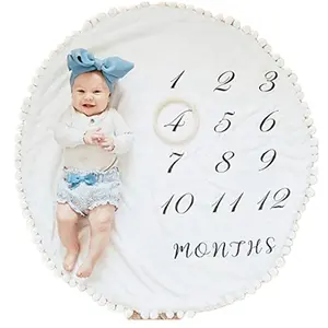 Manta mensual para bebé con Círculo de madera, alfombra de juego grande de doble cara, Bola de Pompón, alfombra redonda de franela gruesa para