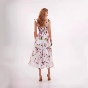 Vestido de Noche Midi de Organza con Estampado Floral y Hombros Descubiertos, Cintura Imperio, Capa Transparente, Vestido de Moda - Product Image 2