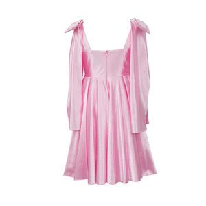 Vestito Rosa Scintillante per Bambine in Spandex/Poliestere con Fiocco sulle Spalline, Pieghe a Gonna Svasata, Tinta Unita, per Feste di <span class=keywords><strong>Compleanno</strong></span> e Cerimonie Primaverili - Product Image 3