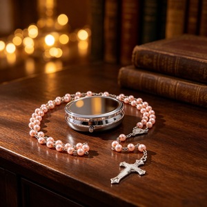 Boîte vide avec collier chapelet de perles blanches imitation, design croix, chaîne de pull unisexe, bijou cadeau - Product Image 5
