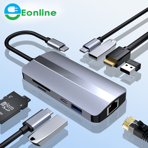 Eonline HUB Loại C để HD tương thích 3.0 <span class=keywords><strong>Adapter</strong></span> PD loại C HUB Dock 4k RJ45 cho Macbook iPad <span class=keywords><strong>Pro</strong></span> không khí USB C Splitter - Product Image 1