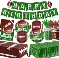 Ensemble de vaisselle jetable sur le thème du rugby pour fête d'anniversaire, comprenant des assiettes en papier, des gobelets, des serviettes, des couverts, une nappe, des bannières, des drapeaux et des fournitures