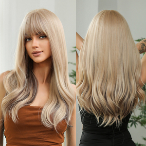Prezzo all'ingrosso di fabbrica biondo <span class=keywords><strong>chiaro</strong></span> marrone evidenziare parrucche sintetiche ondulate naturali lunghe per le donne <span class=keywords><strong>capelli</strong></span> finti con parrucca frangia - Product Image 1