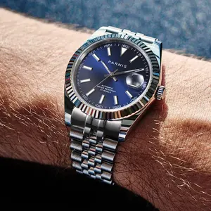 Nouvelle montre mécanique automatique pour homme Parnis 39,5 mm avec cadran bleu, bracelet en acier inoxydable, calendrier complet, saphir - Product Image 1