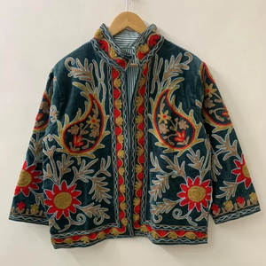 Embroidered Suzani Short Jacket Style Mid-Season Velvet Jacket With Rich Oriental Embroidery Velvet Suzani Jacket - Product Image 1