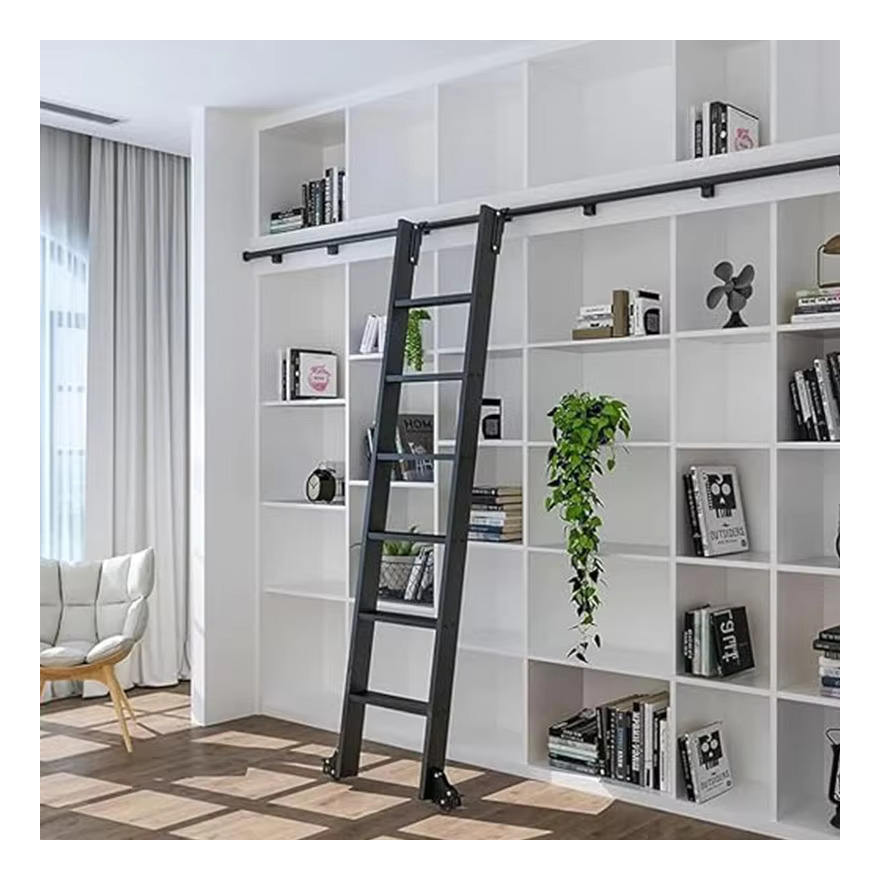 Mobile Library Ladder Hardware Bookcase - Modern Rolling Library Ladder ...