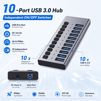 Hub USB 3.0 de 10 Puertos con Alimentación, 5Gbps, 10x USB-A, Interruptores Individuales, Hub Multipuerto de Aluminio