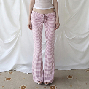 Culottes de poliéster a rayas rosas para mujer, de talle bajo, con cordón elástico en la cintura, ajuste holgado, largo completo, casuales de verano con faldones plisados - Product Image 3