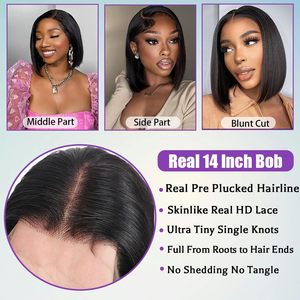 Perruque Bob sans colle, prête à porter, en <span class=keywords><strong>cheveux</strong></span> humains, <span class=keywords><strong>avec</strong></span> closure en dentelle 5x5, pré-épilée, coupe droite, couleur naturelle - Product Image 4