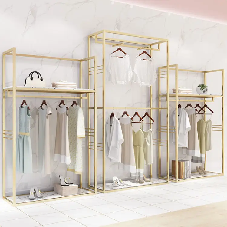 Gold Stainless Steel Garment Display Shelf Hanging Rack Furniture for Fashion Retail Clothing Shop Store