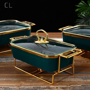 Ustensiles de cuisson en céramique de Style nordique peints <span class=keywords><strong>à</strong></span> la main <span class=keywords><strong>à</strong></span> bord doré <span class=keywords><strong>plat</strong></span> de cuisson rectangulaire <span class=keywords><strong>avec</strong></span> <span class=keywords><strong>couvercle</strong></span> 3 tailles casserole <span class=keywords><strong>avec</strong></span> support - Product Image 2