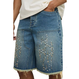 Shorts en jean bleu classiques personnalisés pour hommes, style streetwear, 100 % coton, déchirés, avec strass, nouveaux, respirants, style Y2K, type Jorts de charpentier - Product Image 1