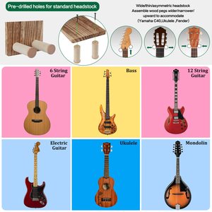 Support mural pour guitare en <span class=keywords><strong>bois</strong></span>, étagère, porte-médiator, crochet mural, guitares acoustiques, électriques, basses, ukulélé (fixation par vis, brun) - Product Image 5
