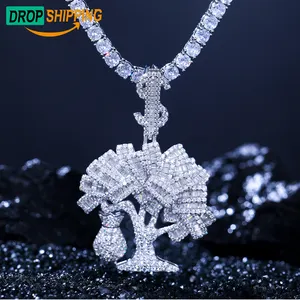 Dropshipping Hip Hop Mens 925 Sterling Silver VVS Baguette Moissanite Diamond Iced Out Dollar Tree Pendant With Money Bag Charm