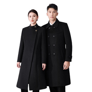 Unisex Woolen Coat Solid Color Double Breasted Long Overcoat For Hotel Office Work Uniform Autumn Winter Wear - Product Image 5
