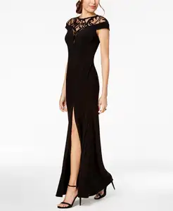 Elegant Avond Party Sexy Sequin Illusion Slit Gown Bodycon Black Lace Maxi Vrouwen Jurk