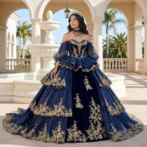 20316 Luxury Navy Blue <b>Ruffle</b> Golden Lace Quinceanera Ball Gowns <b>Dress</b> With Sleeve - Product Image 1