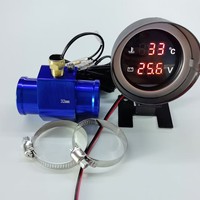 Pengukur suhu air mobil truk Digital Led bulat, pengukur suhu air Universal 2 dalam 1 + Voltmeter 12V 24V dengan Sensor 10mm