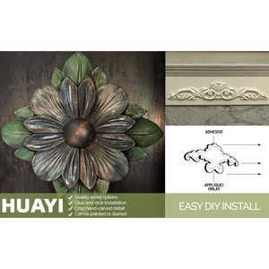 Apliques de Madera Tallados Decorativos, Esquinas Grabadas sin Pintar, con Centro de Hoja Verde Grande y Volutas, Forma de Flor - Product Image 2