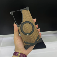 Pour Samsung Galaxy S26 S25 S24 S23 Ultra Étui en bois de noyer avec bordure métallique sans cadre, protection intégrale 360 °   Support magnétique rotatif, coque antichoc