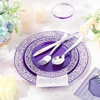 600 pièces de vaisselle jetable en plastique pour fête, design dentelle argentée violette, sans BPA, comprenant 200 assiettes, 300 couverts et 100 gobelets